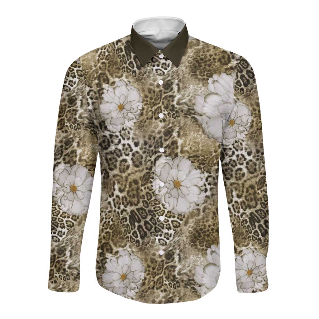 African Leopard Floral Pattern Long Sleeve Button Shirt Sahara Pearl