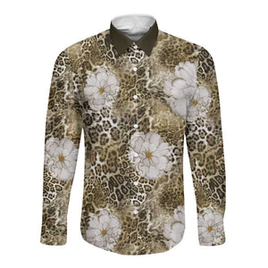 African Leopard Floral Pattern Long Sleeve Button Shirt Sahara Pearl