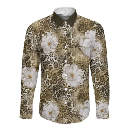 African Leopard Floral Pattern Long Sleeve Button Shirt Sahara Pearl