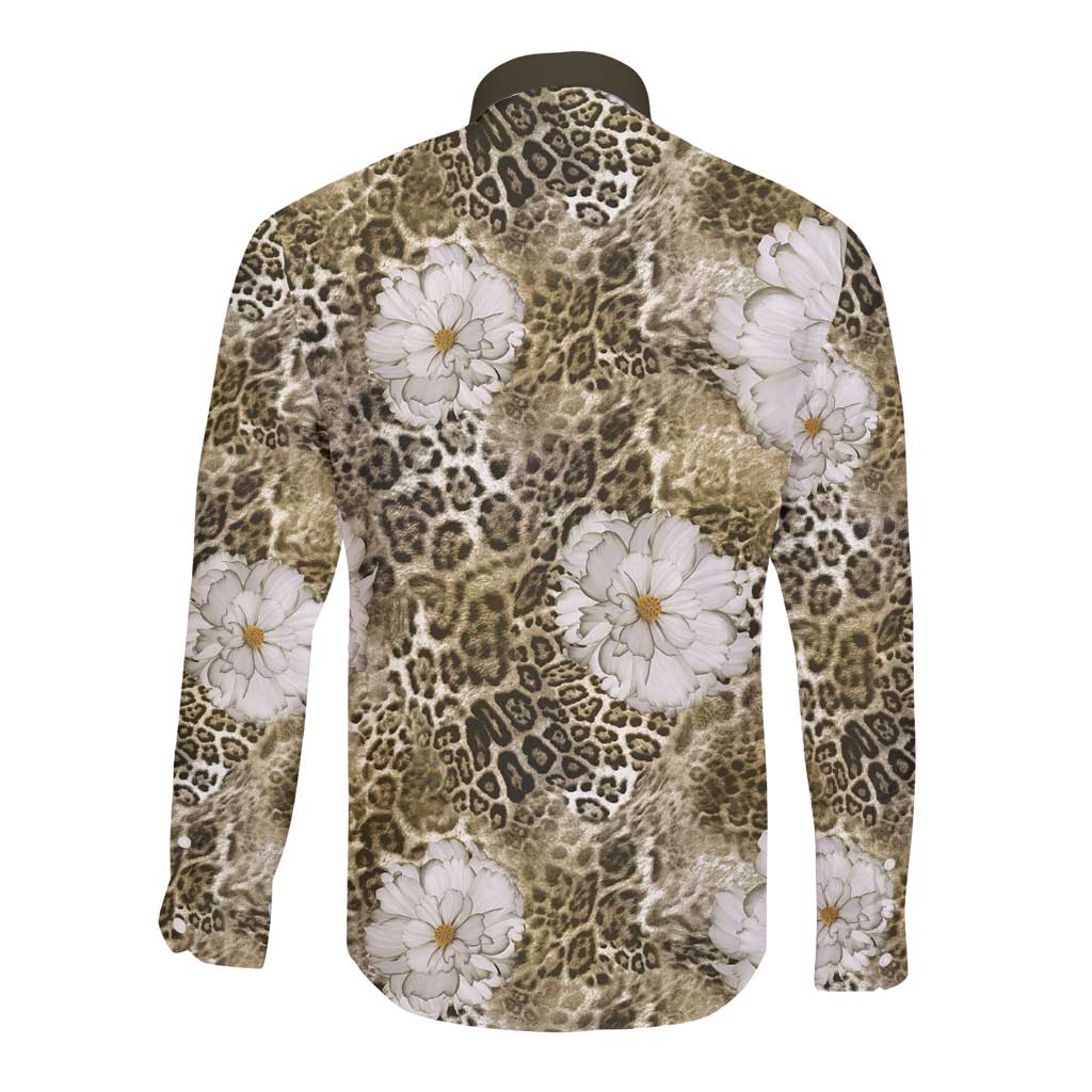 African Leopard Floral Pattern Long Sleeve Button Shirt Sahara Pearl