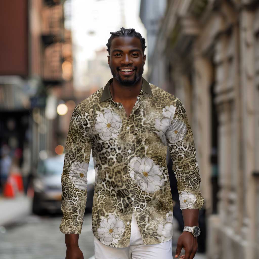 African Leopard Floral Pattern Long Sleeve Button Shirt Sahara Pearl