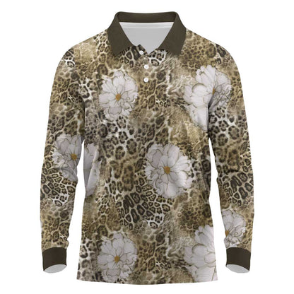 African Leopard Floral Pattern Long Sleeve Polo Shirt Sahara Pearl