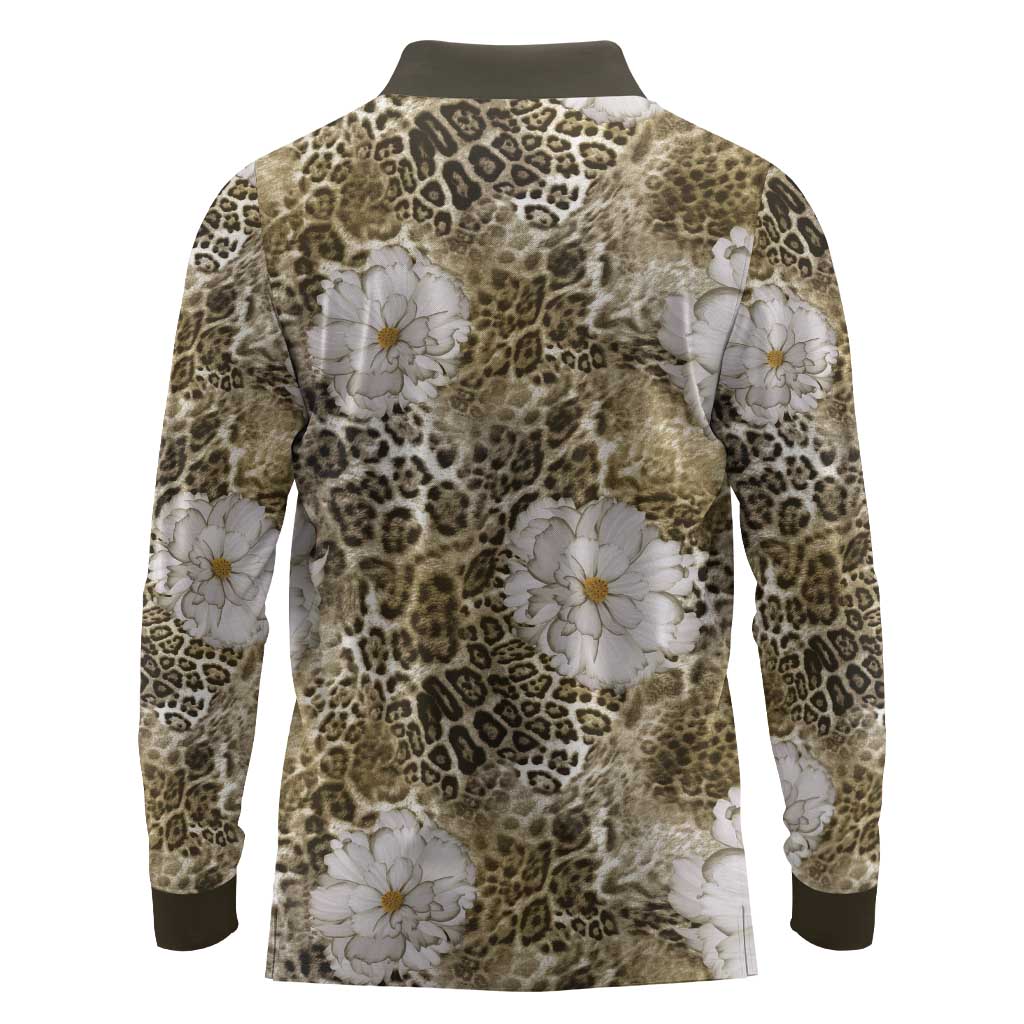 African Leopard Floral Pattern Long Sleeve Polo Shirt Sahara Pearl
