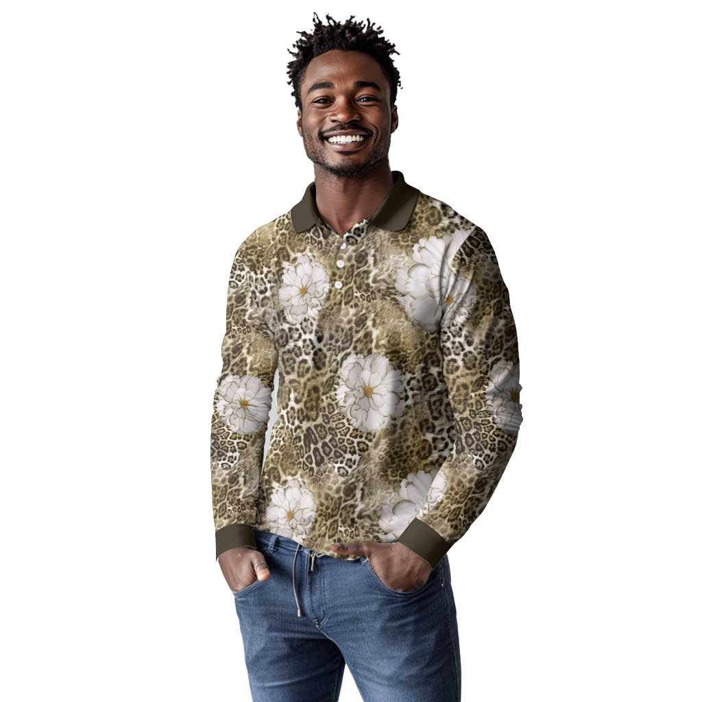 African Leopard Floral Pattern Long Sleeve Polo Shirt Sahara Pearl