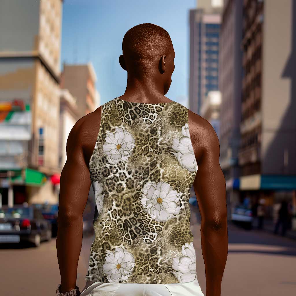 African Leopard Floral Pattern Men Tank Top Sahara Pearl