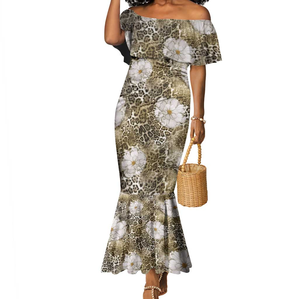African Leopard Floral Pattern Mermaid Dress Sahara Pearl