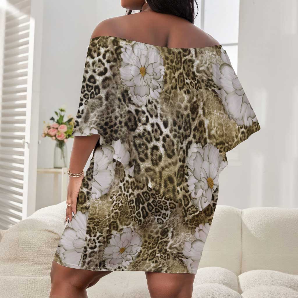African Leopard Floral Pattern Off Shoulder Short Dress Sahara Pearl