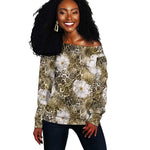 African Leopard Floral Pattern Off Shoulder Sweater Sahara Pearl