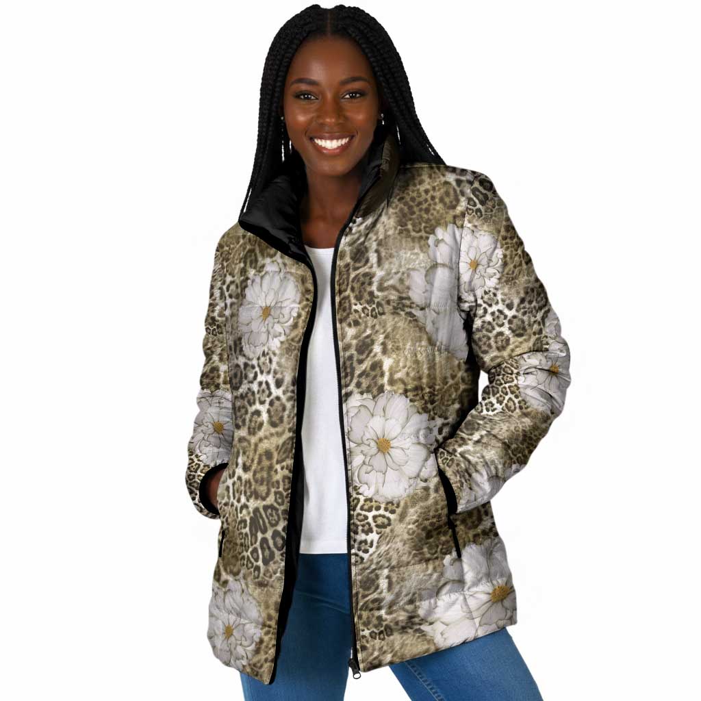 African Leopard Floral Pattern Padded Jacket Sahara Pearl