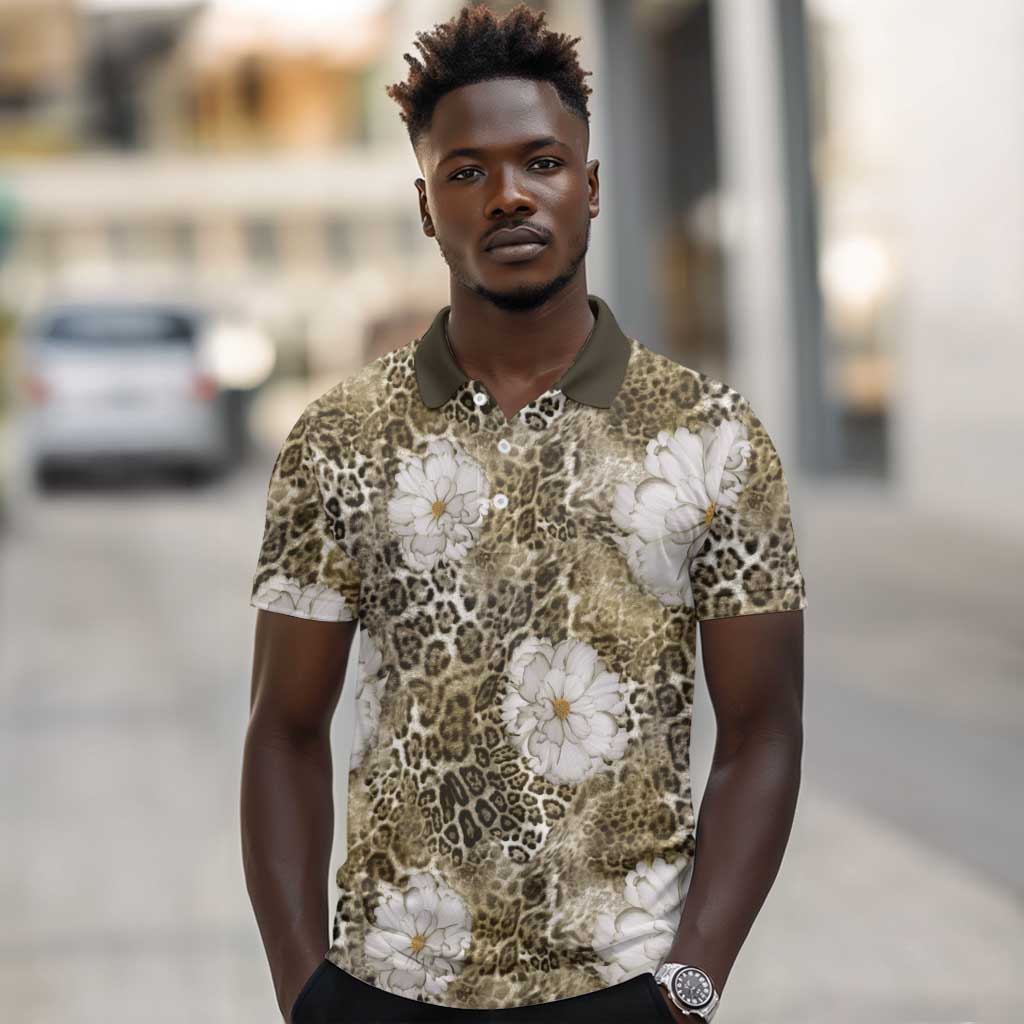 African Leopard Floral Pattern Polo Shirt Sahara Pearl