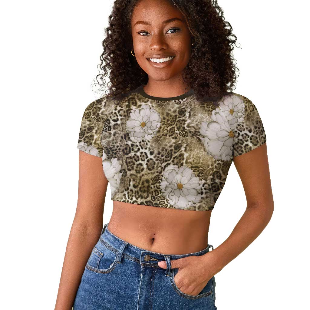 African Leopard Floral Pattern Raglan Cropped T shirt Sahara Pearl