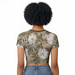 African Leopard Floral Pattern Raglan Cropped T shirt Sahara Pearl