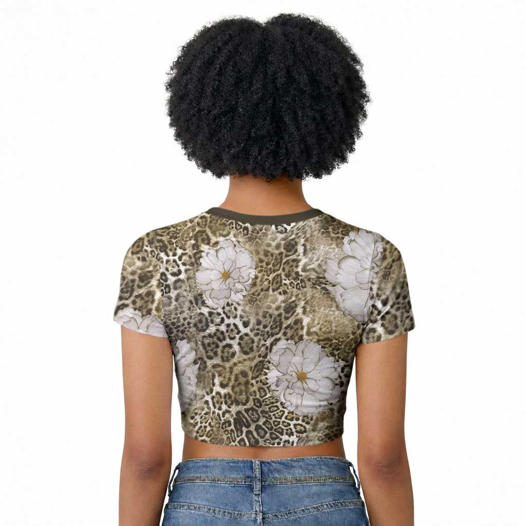 African Leopard Floral Pattern Raglan Cropped T shirt Sahara Pearl