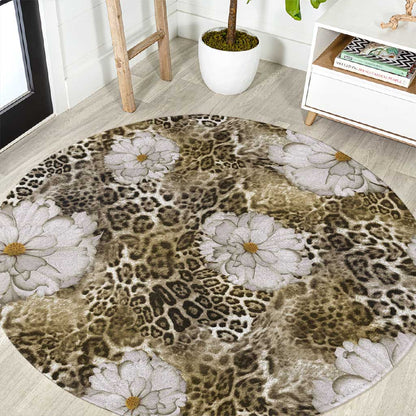African Leopard Floral Pattern Round Carpet Sahara Pearl