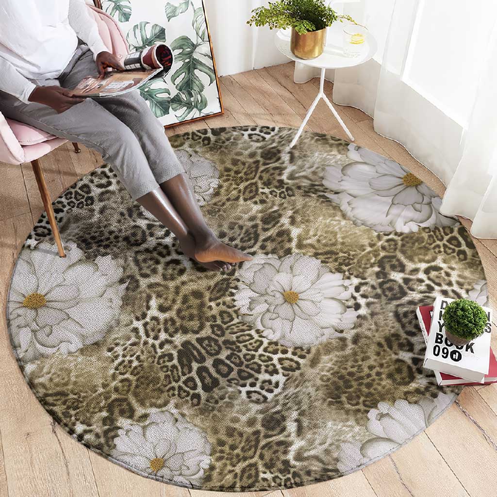 African Leopard Floral Pattern Round Carpet Sahara Pearl