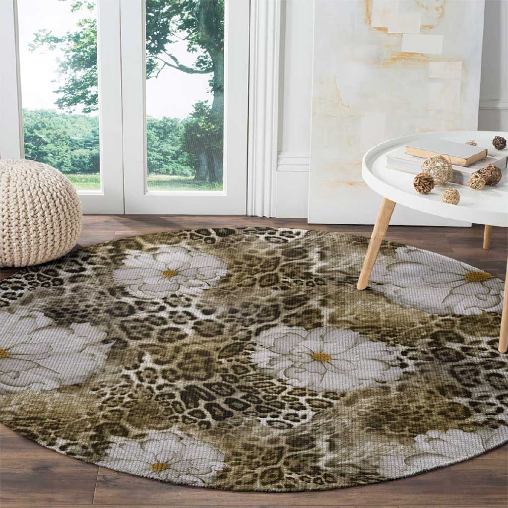 African Leopard Floral Pattern Round Carpet Sahara Pearl