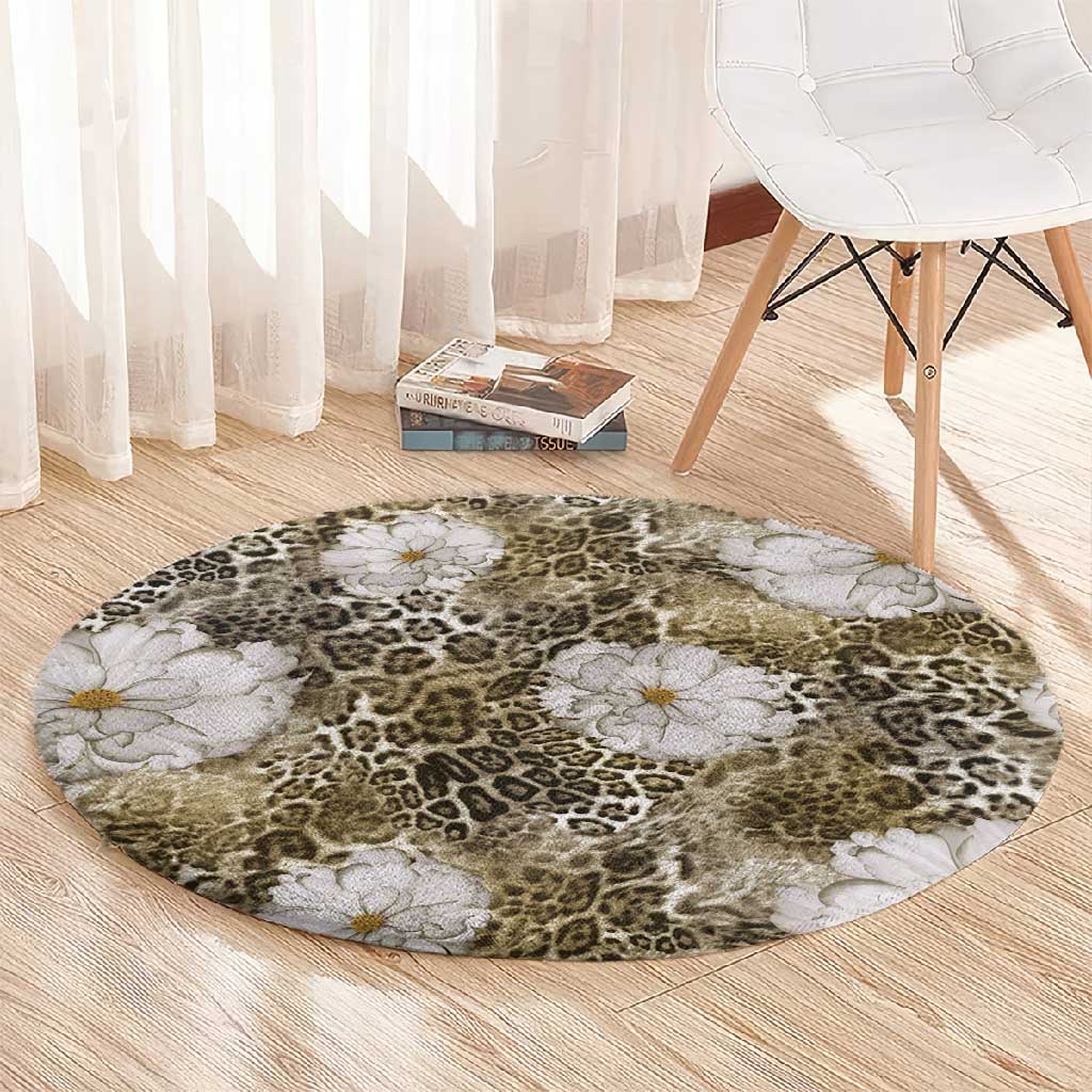 African Leopard Floral Pattern Round Carpet Sahara Pearl