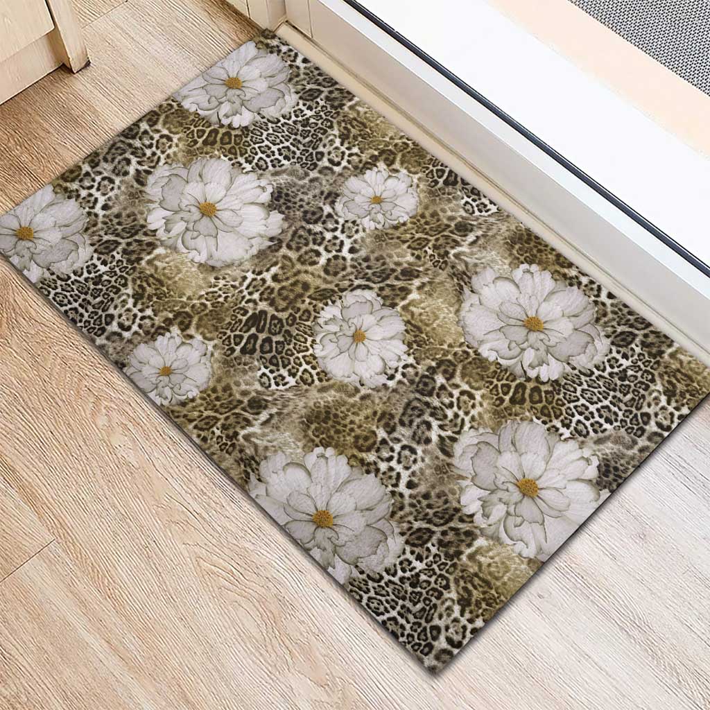 African Leopard Floral Pattern Rubber Doormat Sahara Pearl