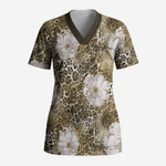 African Leopard Floral Pattern Scrub Top Sahara Pearl