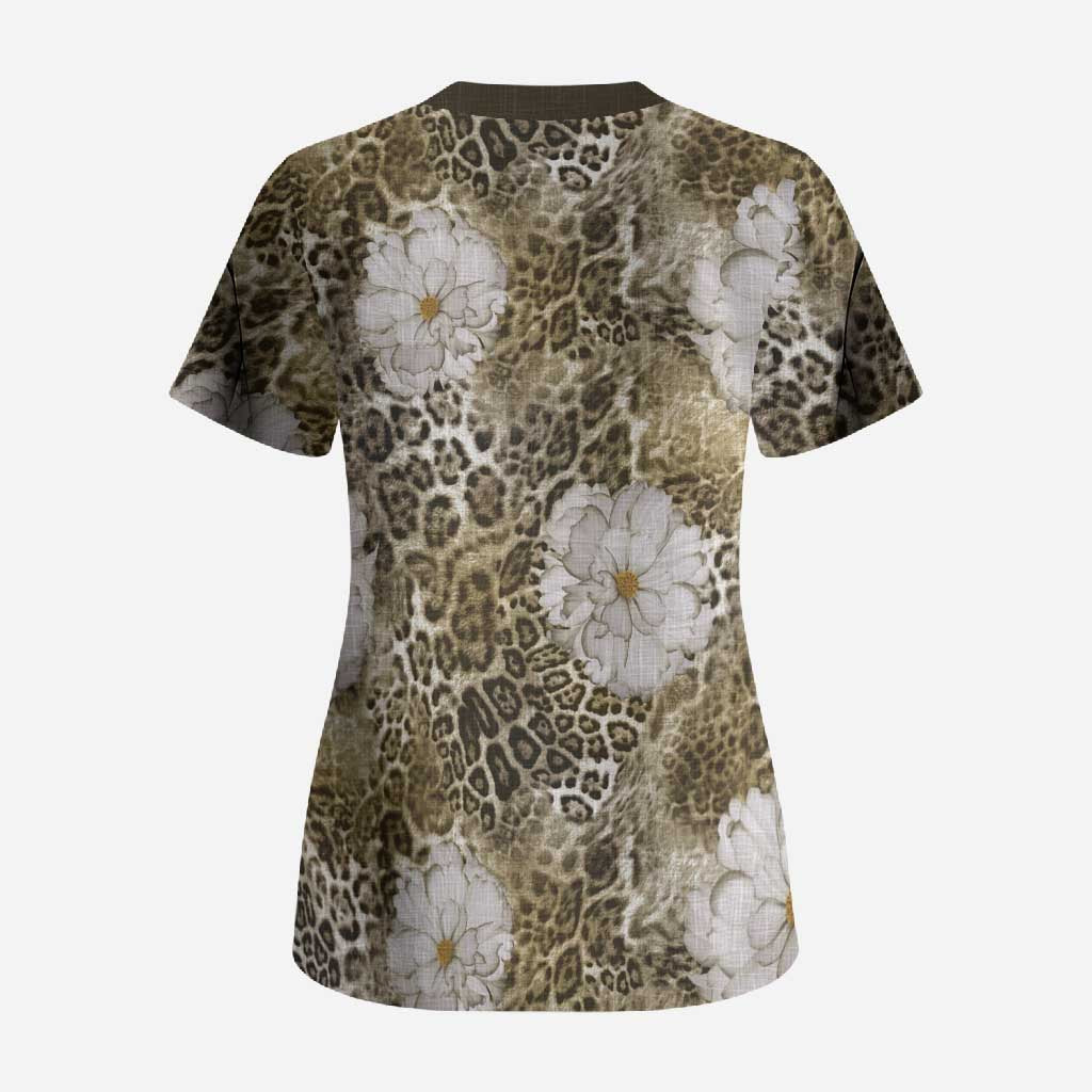 African Leopard Floral Pattern Scrub Top Sahara Pearl