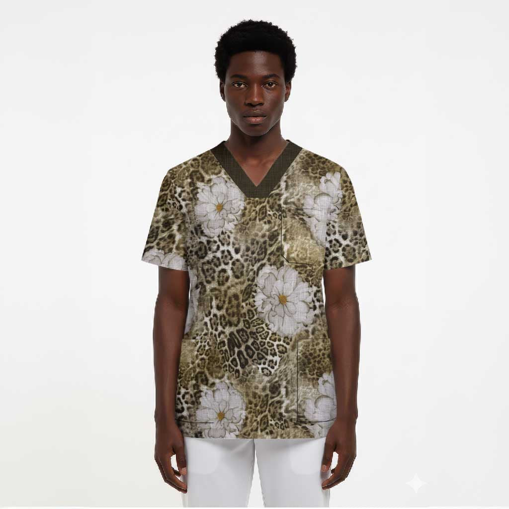 African Leopard Floral Pattern Scrub Top Sahara Pearl