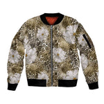 African Leopard Floral Pattern Sleeve Zip Bomber Jacket Sahara Pearl