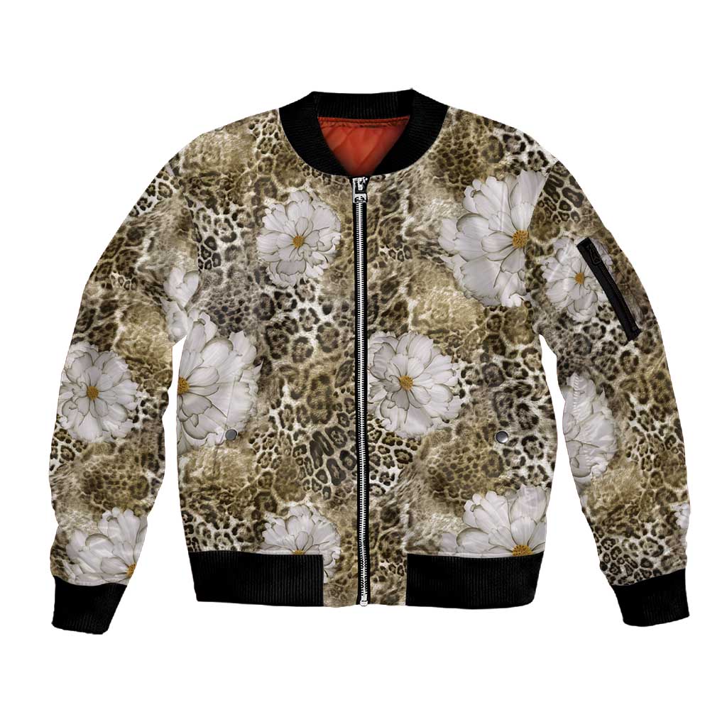 African Leopard Floral Pattern Sleeve Zip Bomber Jacket Sahara Pearl