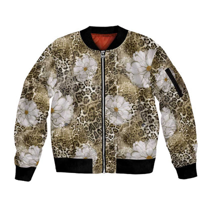 African Leopard Floral Pattern Sleeve Zip Bomber Jacket Sahara Pearl