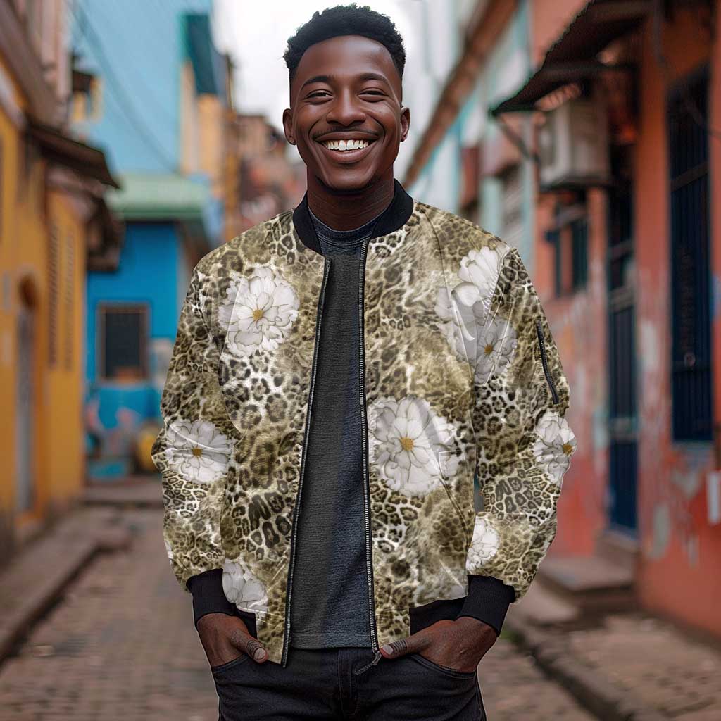 African Leopard Floral Pattern Sleeve Zip Bomber Jacket Sahara Pearl