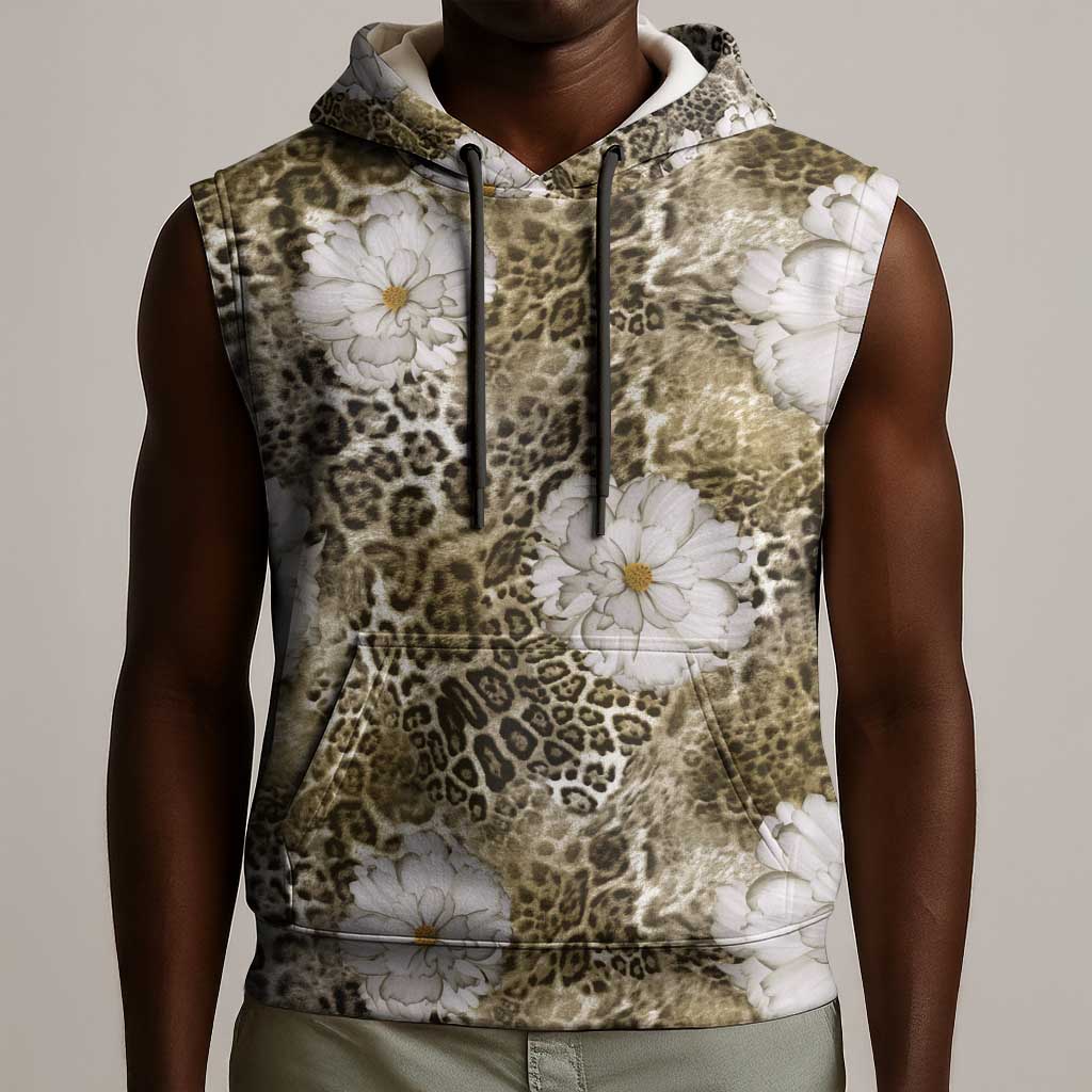 African Leopard Floral Pattern Sleeveless Hoodie Sahara Pearl