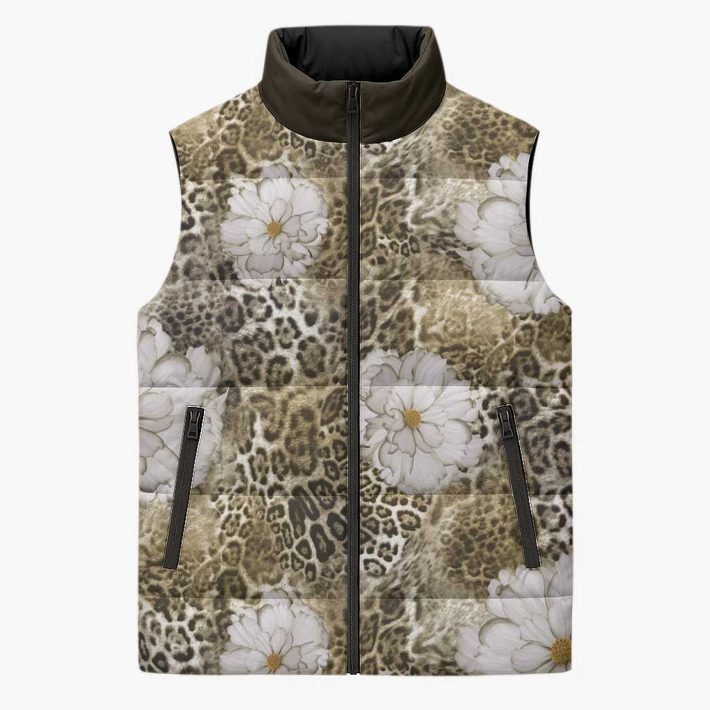 African Leopard Floral Pattern Sleeveless Puffer Jacket Sahara Pearl