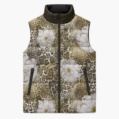 African Leopard Floral Pattern Sleeveless Puffer Jacket Sahara Pearl