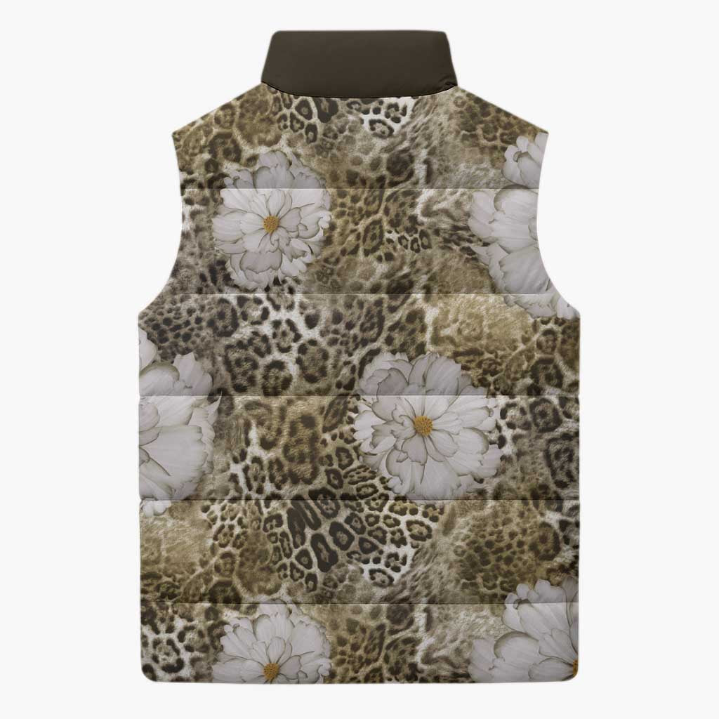 African Leopard Floral Pattern Sleeveless Puffer Jacket Sahara Pearl