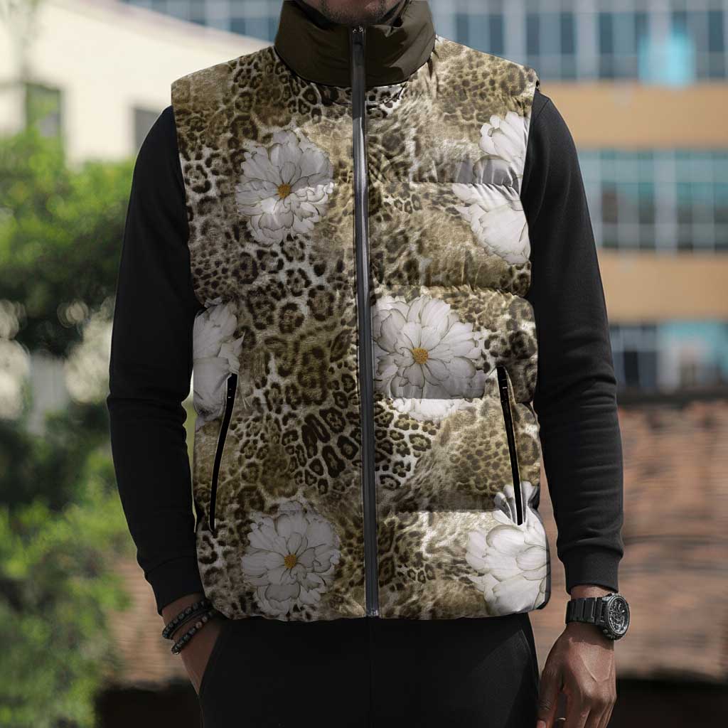 African Leopard Floral Pattern Sleeveless Puffer Jacket Sahara Pearl
