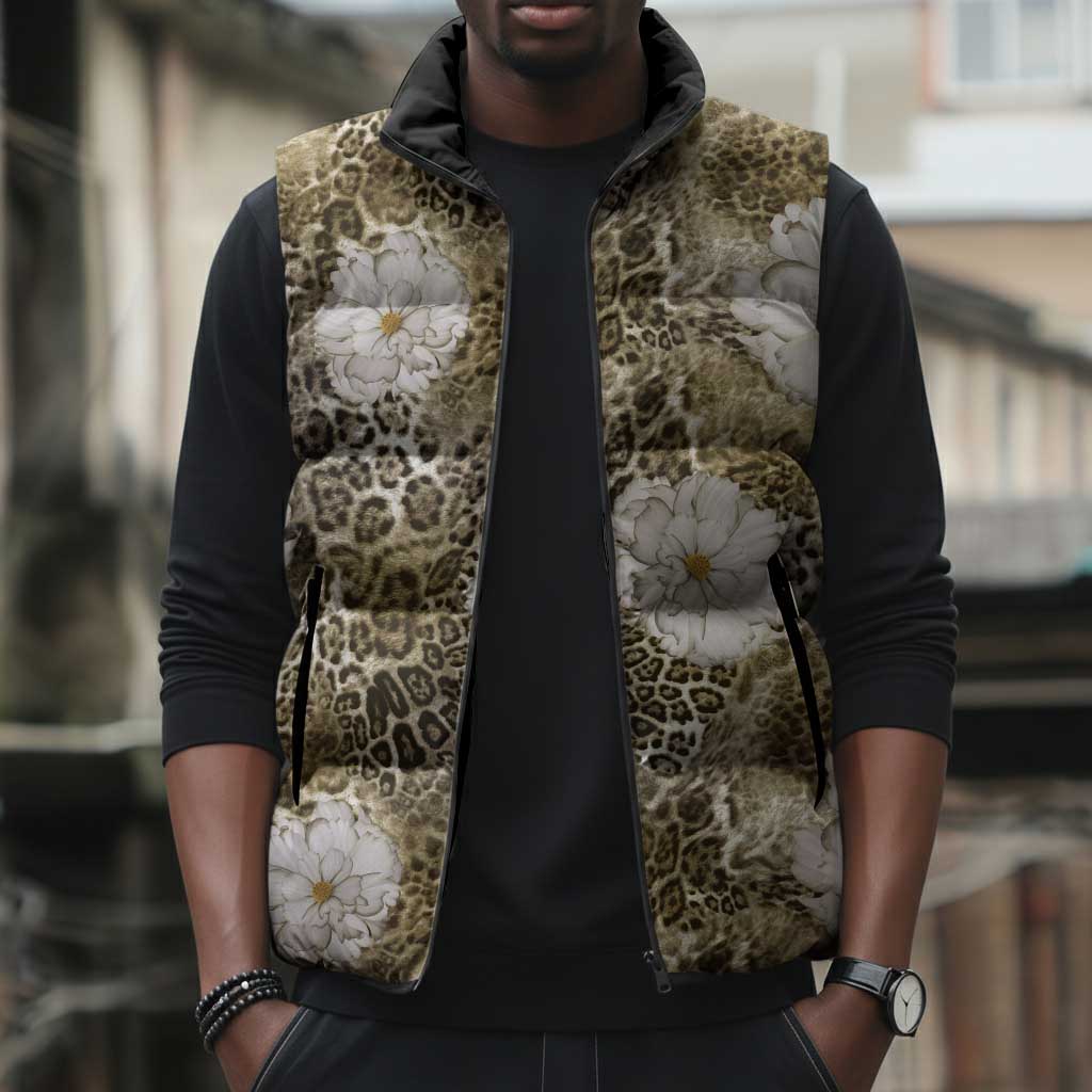 African Leopard Floral Pattern Sleeveless Puffer Jacket Sahara Pearl