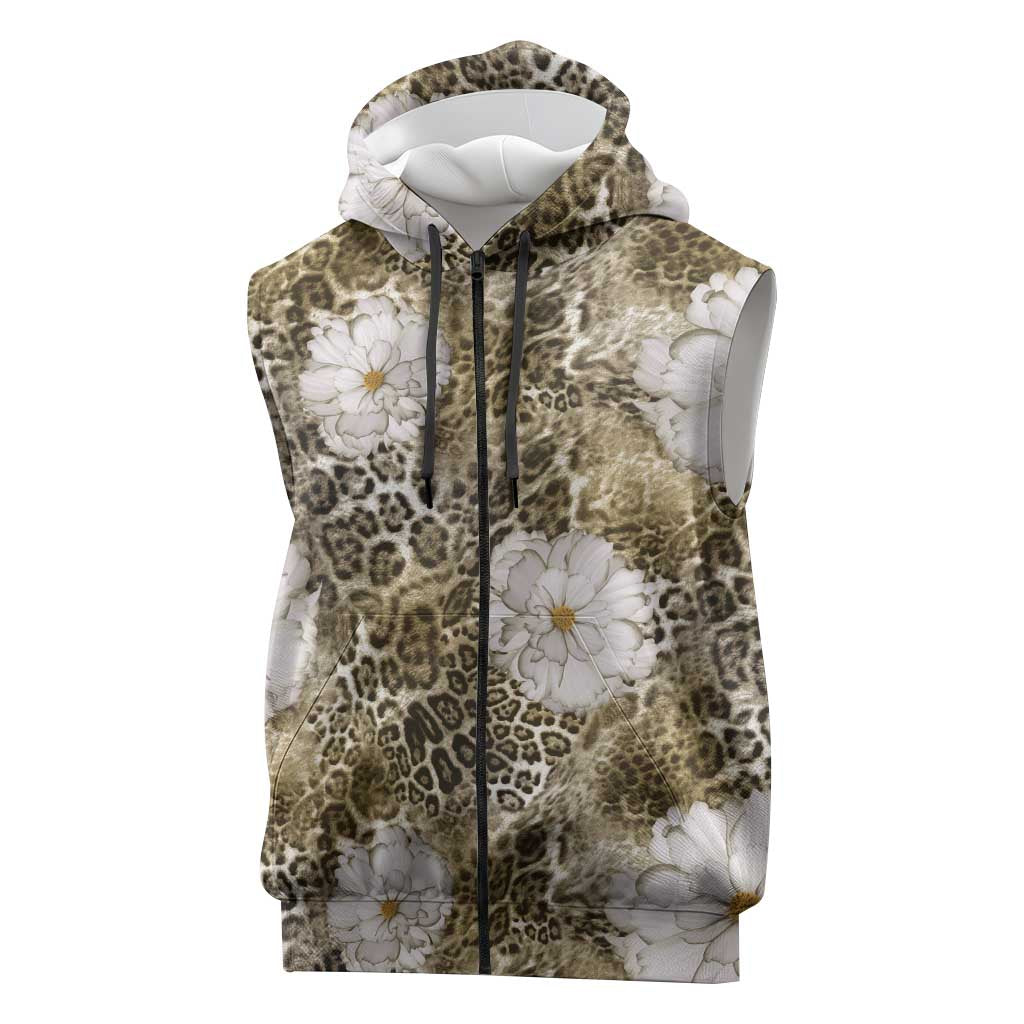 African Leopard Floral Pattern Sleeveless Zip Hoodie Sahara Pearl