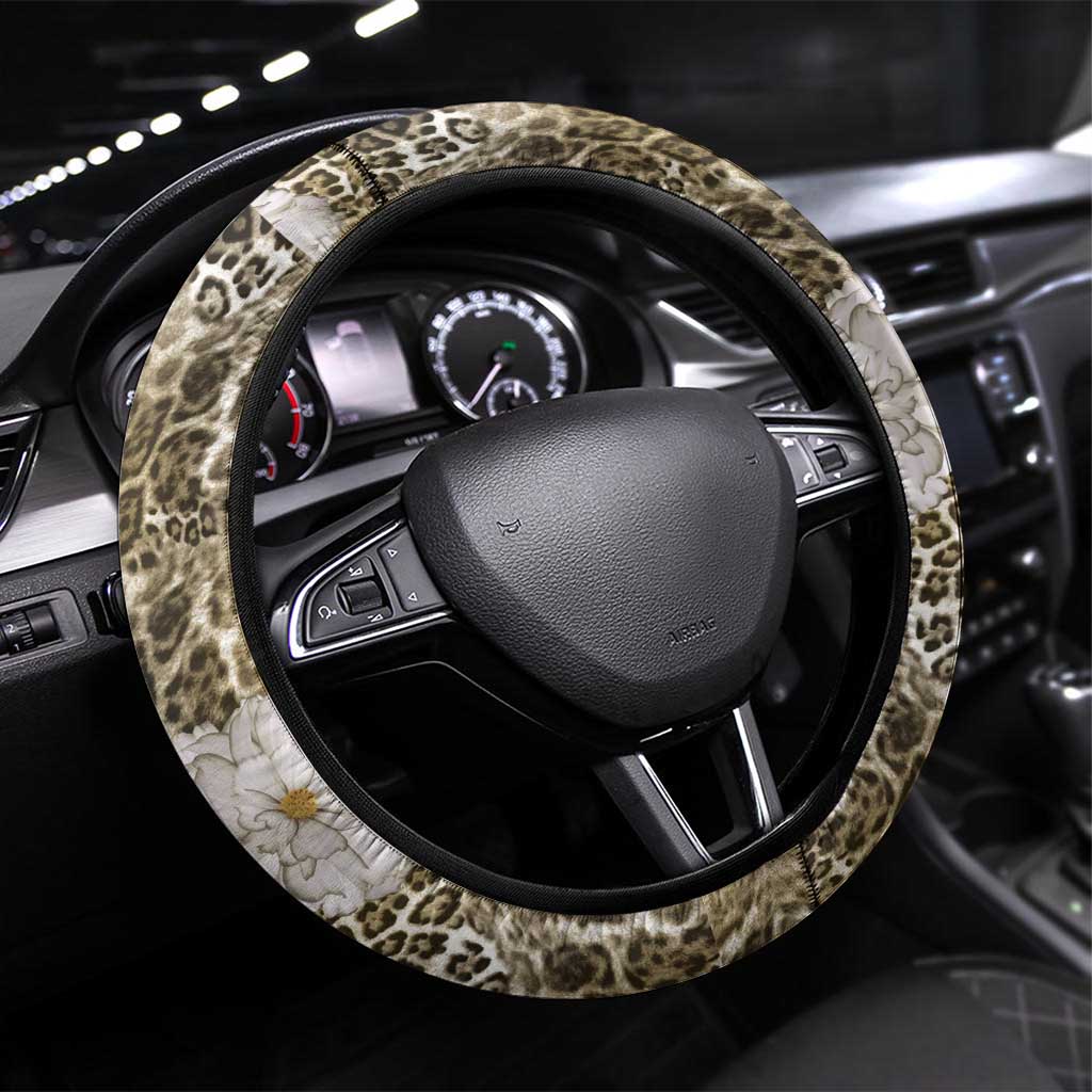 African Leopard Floral Pattern Steering Wheel Cover Sahara Pearl