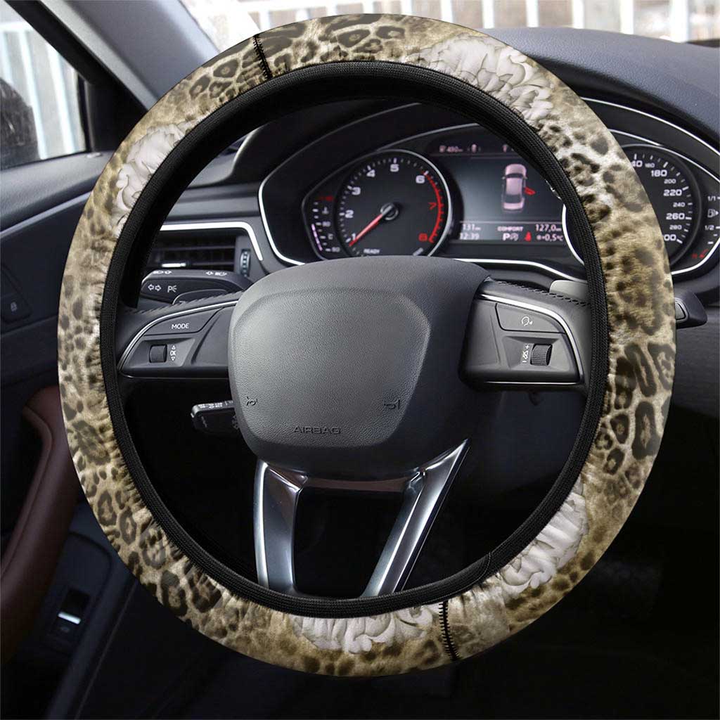 African Leopard Floral Pattern Steering Wheel Cover Sahara Pearl