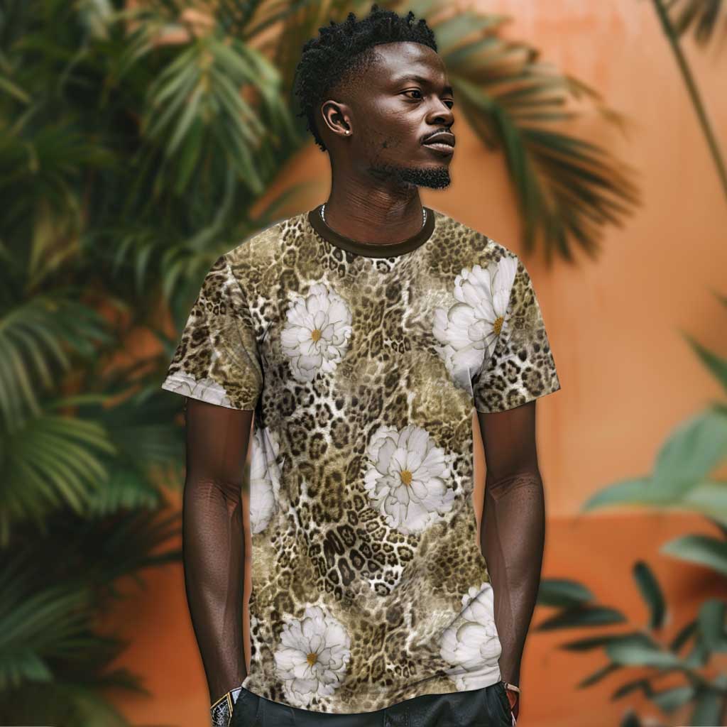 African Leopard Floral Pattern T shirt Sahara Pearl