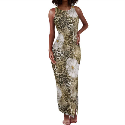African Leopard Floral Pattern Tank Maxi Dress Sahara Pearl