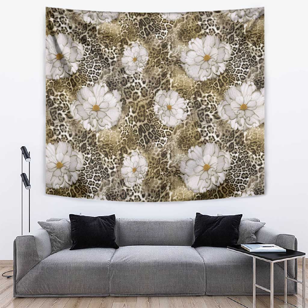 African Leopard Floral Pattern Tapestry Sahara Pearl