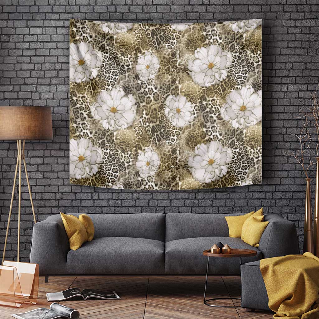 African Leopard Floral Pattern Tapestry Sahara Pearl