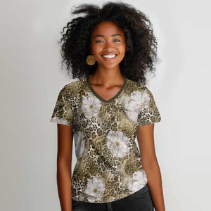 African Leopard Floral Pattern Women V-Neck T-Shirt Sahara Pearl