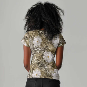 African Leopard Floral Pattern Women V-Neck T-Shirt Sahara Pearl