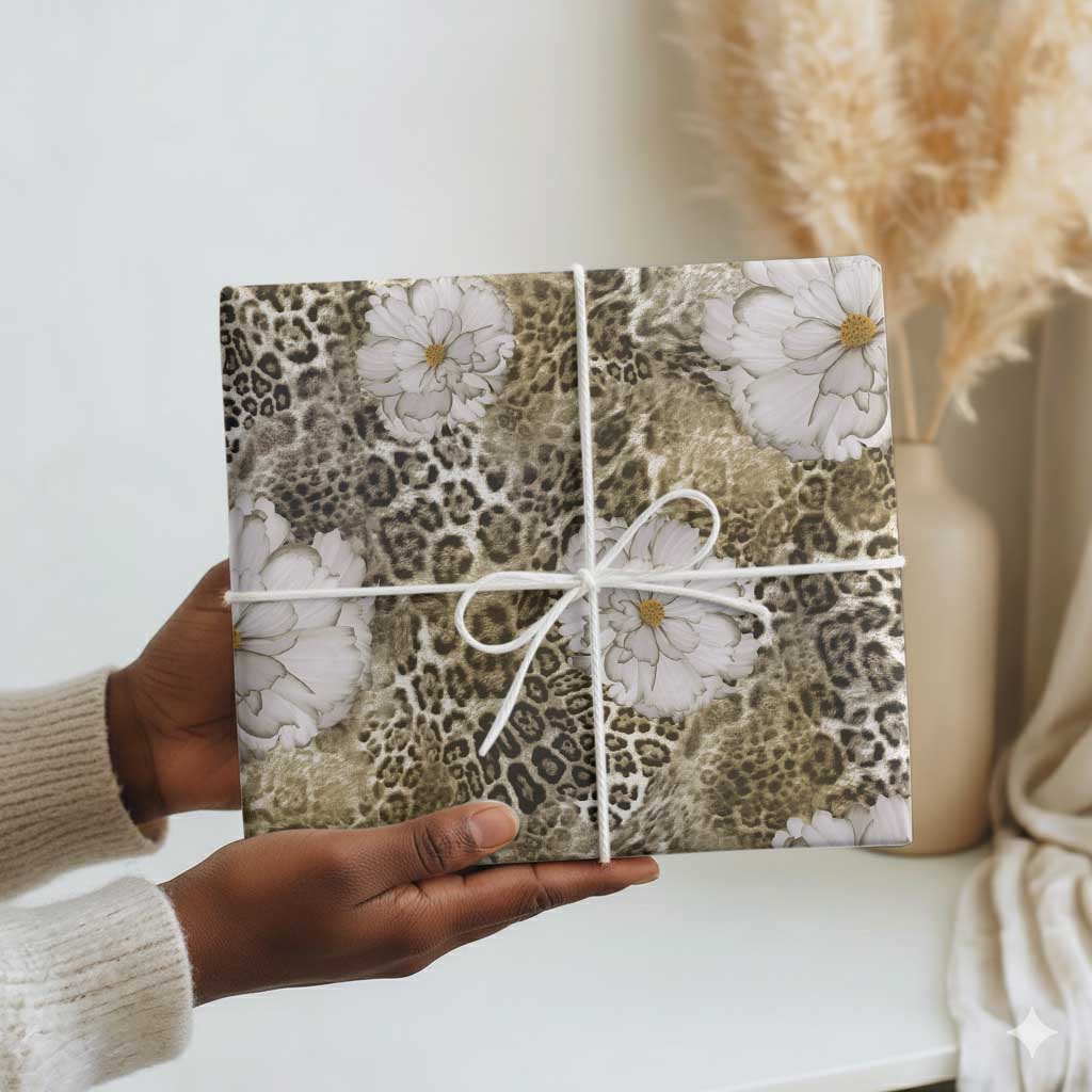 African Leopard Floral Pattern Wrapping Paper Sahara Pearl