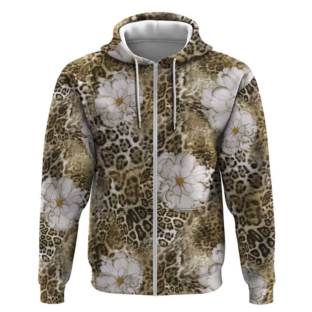 African Leopard Floral Pattern Zip Hoodie Sahara Pearl