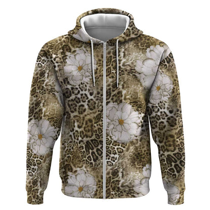 African Leopard Floral Pattern Zip Hoodie Sahara Pearl