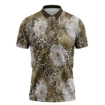 African Leopard Floral Pattern Zipper Polo Shirt Sahara Pearl