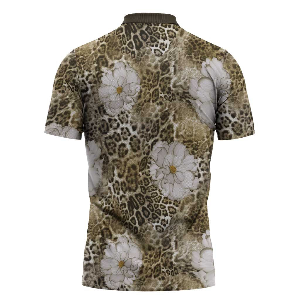 African Leopard Floral Pattern Zipper Polo Shirt Sahara Pearl