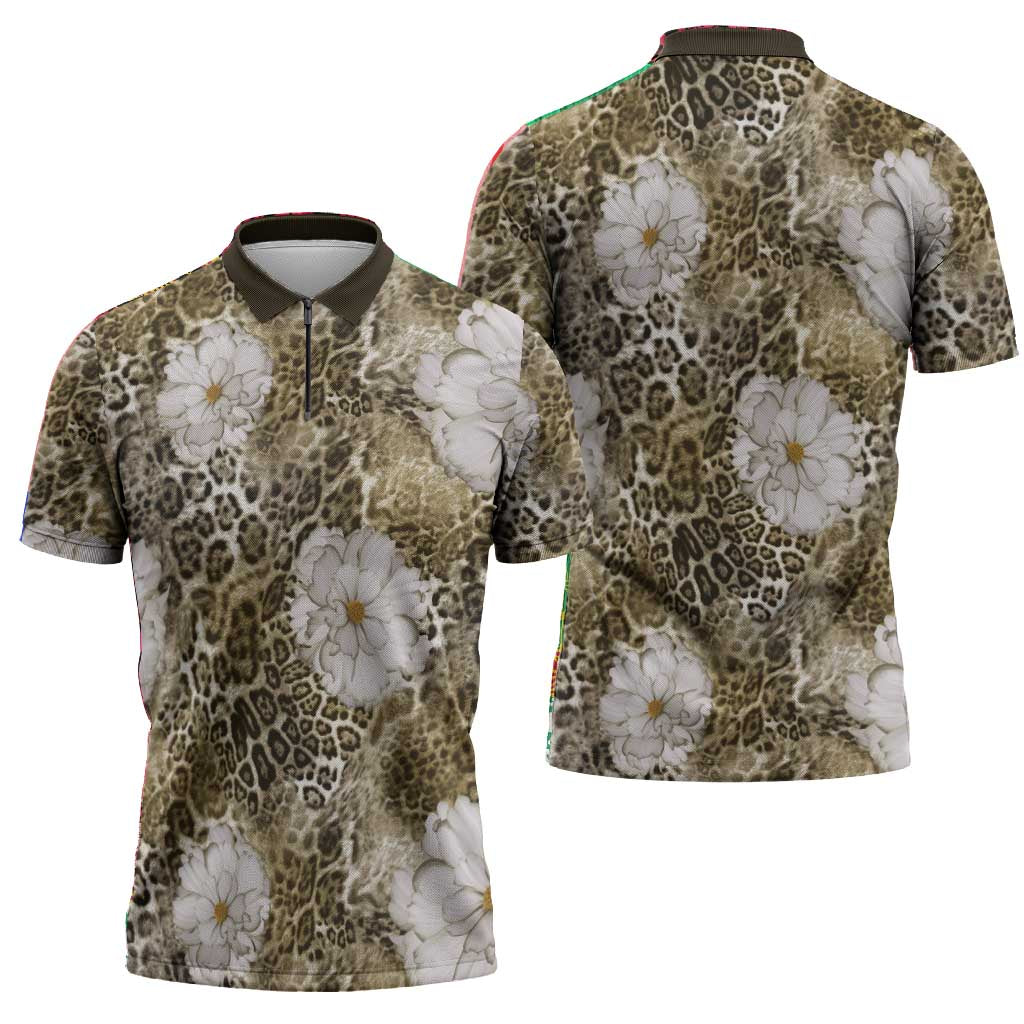 African Leopard Floral Pattern Zipper Polo Shirt Sahara Pearl